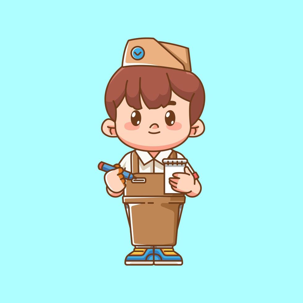 Cute waiter takes note kawaii chibi character mascot illustration outline style design vector