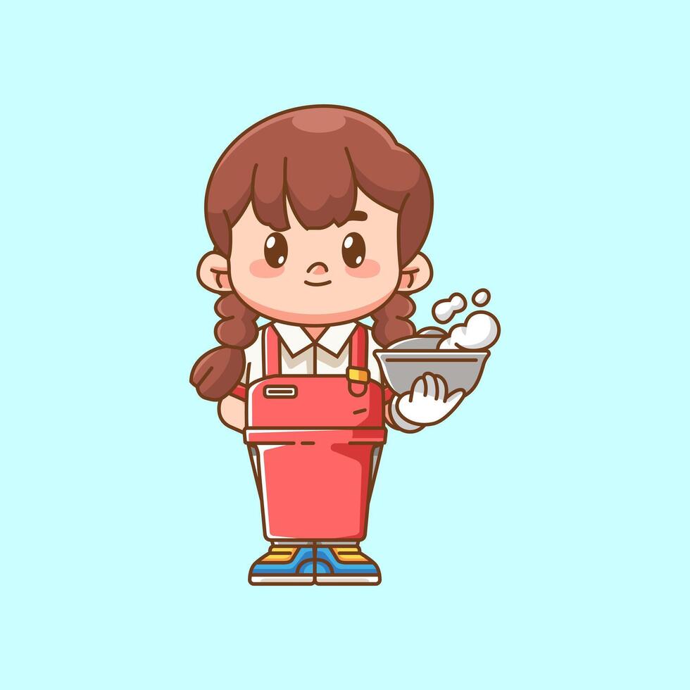 Cute girl waiter serve bowl soup kawaii chibi character mascot illustration outline style design vector