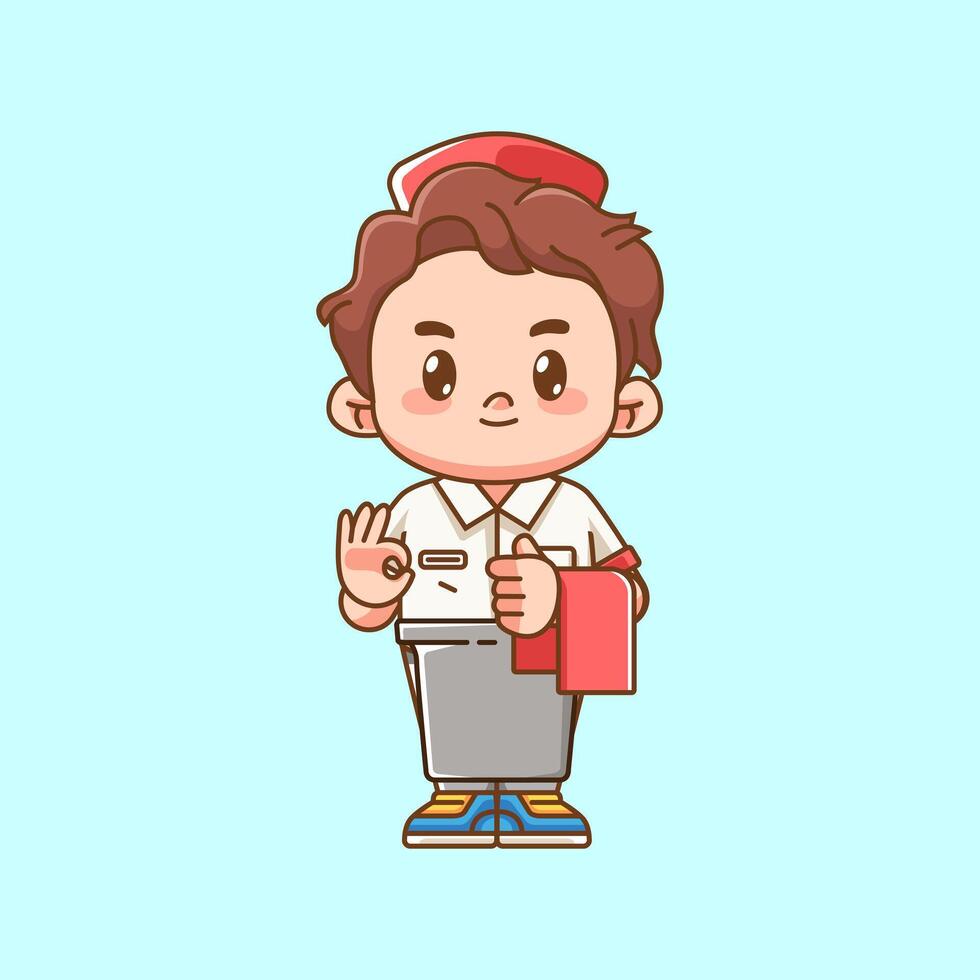 Cute waiter serving customer kawaii chibi character mascot illustration outline style design vector