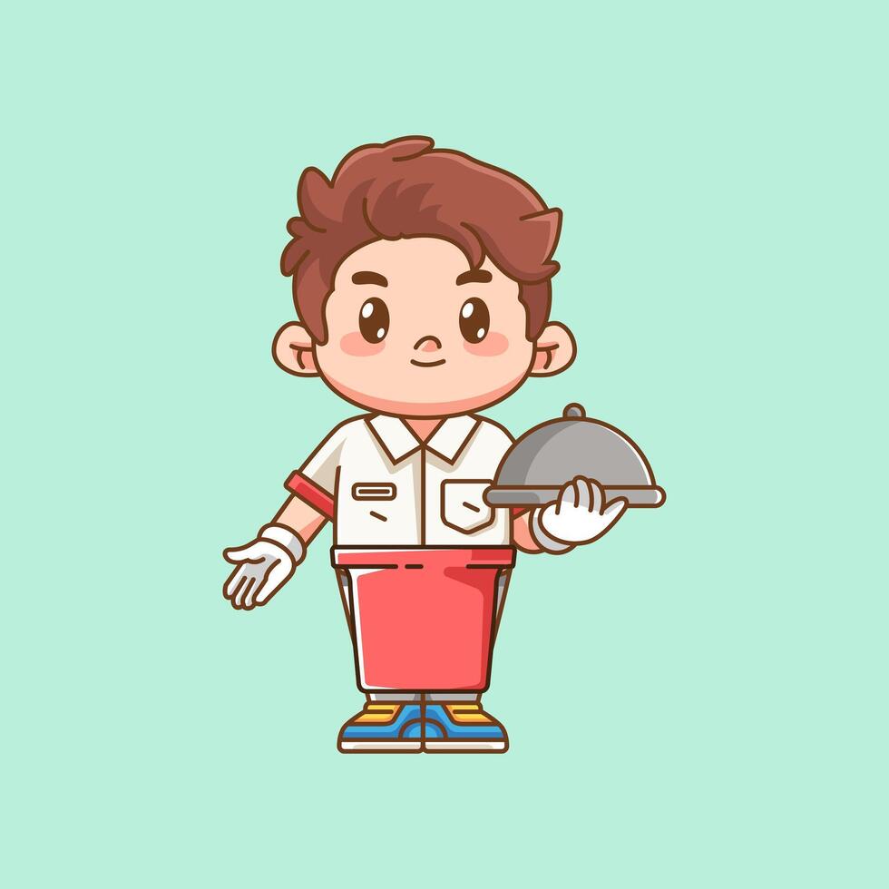 Cute waiter serve food kawaii chibi character mascot illustration outline style design vector