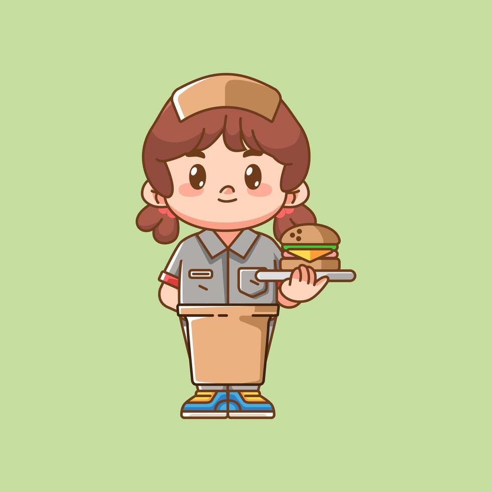 Cute girl waiter serve hamburger kawaii chibi character mascot illustration outline style design vector