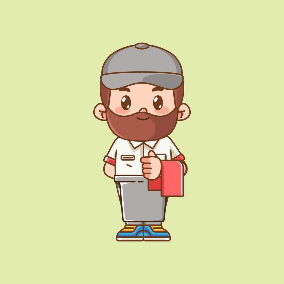 Cute waiter serve customer kawaii chibi character mascot illustration outline style design vector