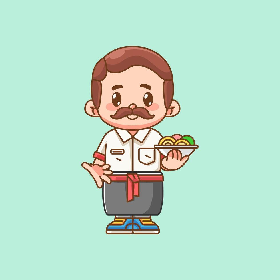 Cute waiter serve noodle kawaii chibi character mascot illustration outline style design vector