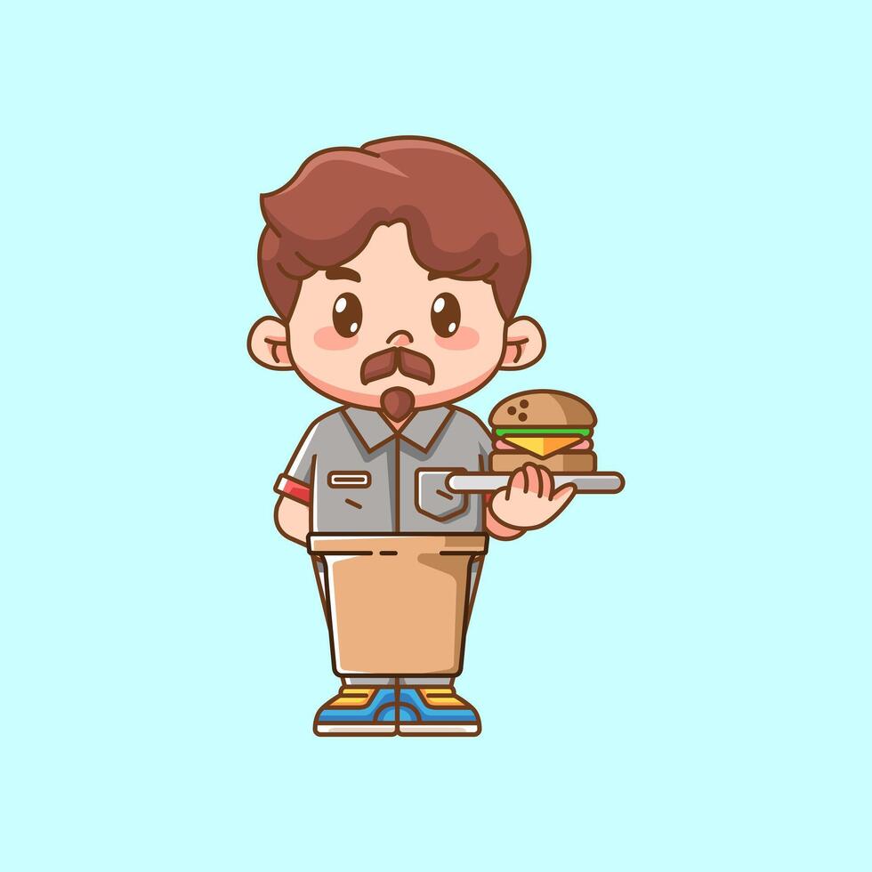 Cute waiter serve hamburger kawaii chibi character mascot illustration outline style design vector