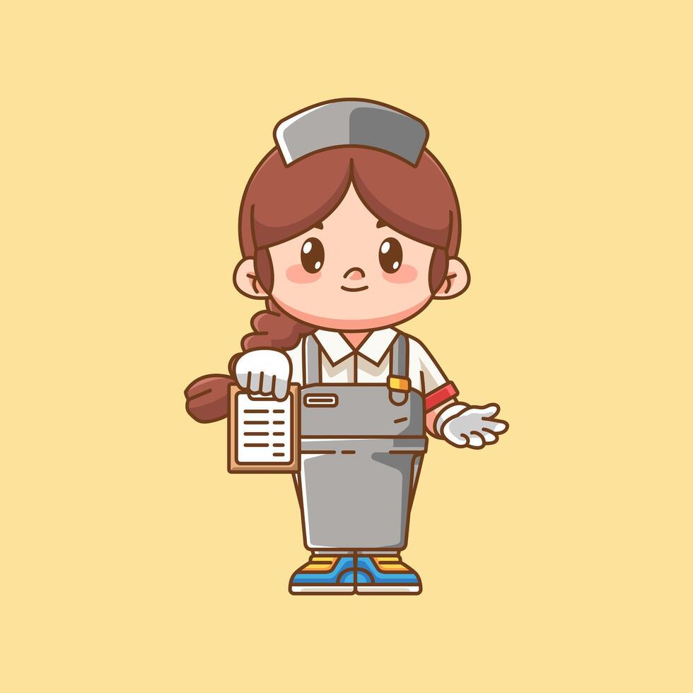 Cute girl waiter shows menu kawaii chibi character mascot illustration outline style design vector