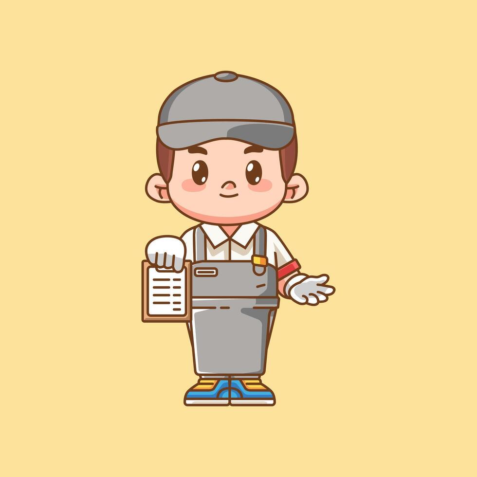 Cute waiter shows menu kawaii chibi character mascot illustration outline style design vector