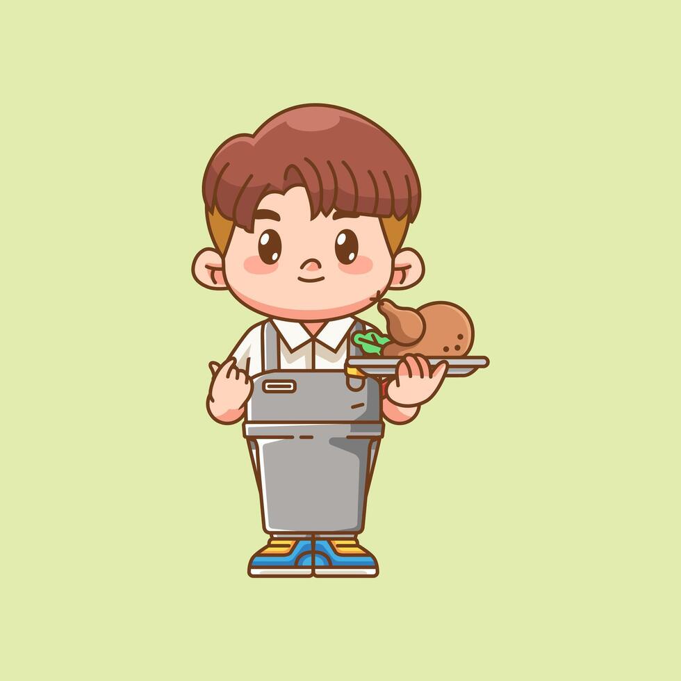 Cute waiter serve roasted chicken kawaii chibi character mascot illustration outline style design vector