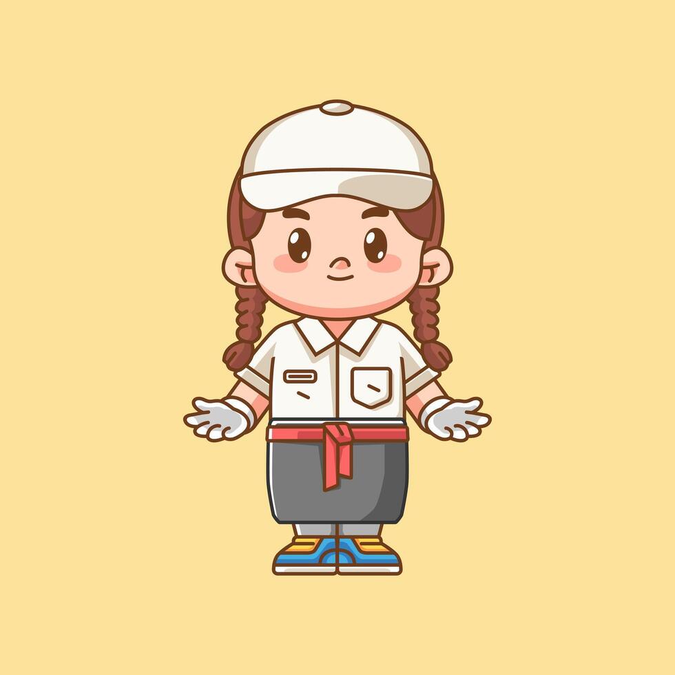 Cute girl waiter welcome customer kawaii chibi character mascot illustration outline style design vector