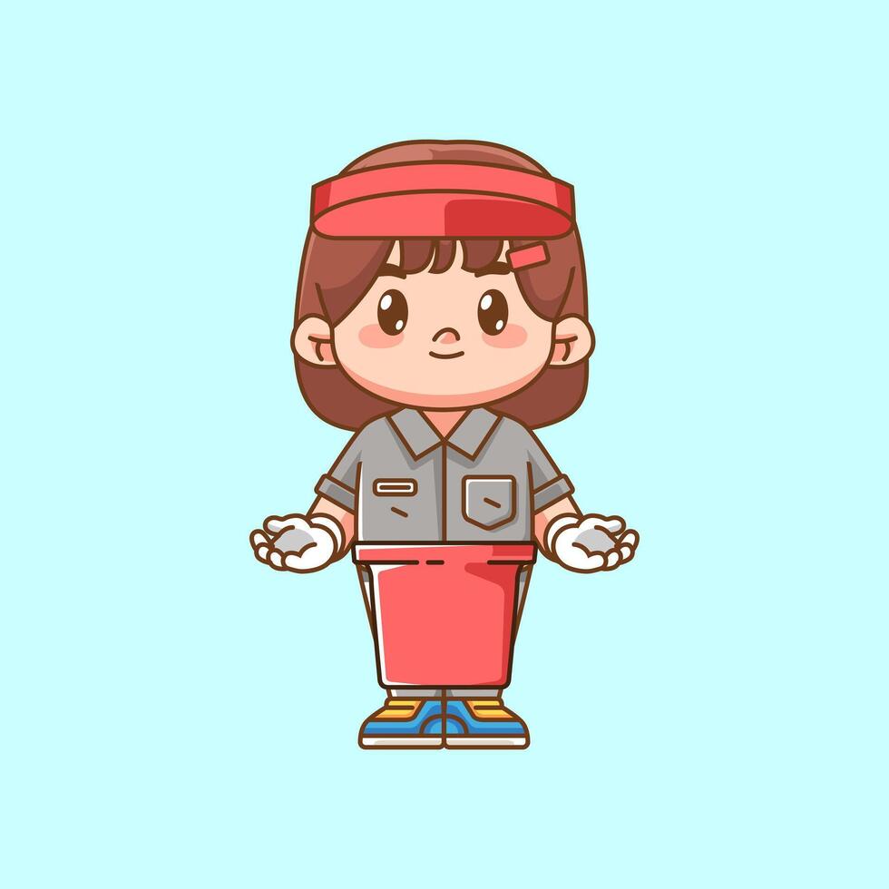 Cute girl waiter welcome to customer kawaii chibi character mascot illustration outline style design vector