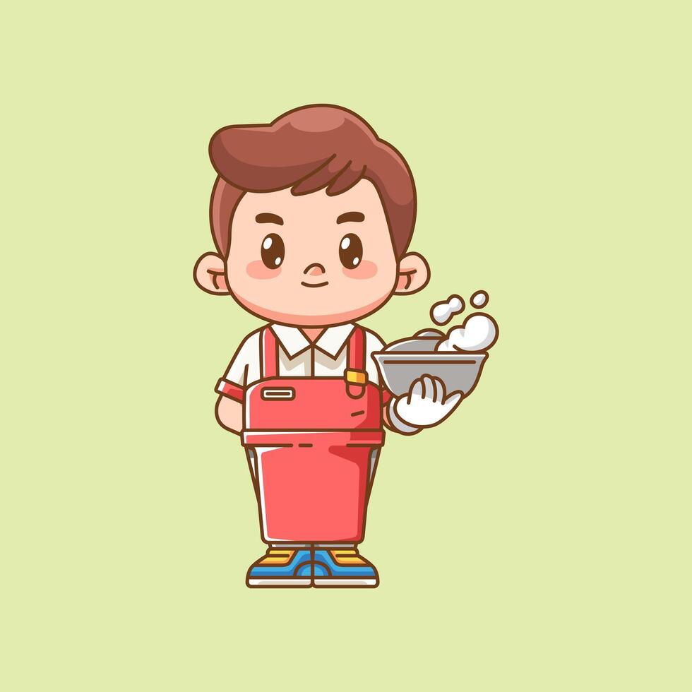 Cute waiter serve bowl soup kawaii chibi character mascot illustration outline style design vector