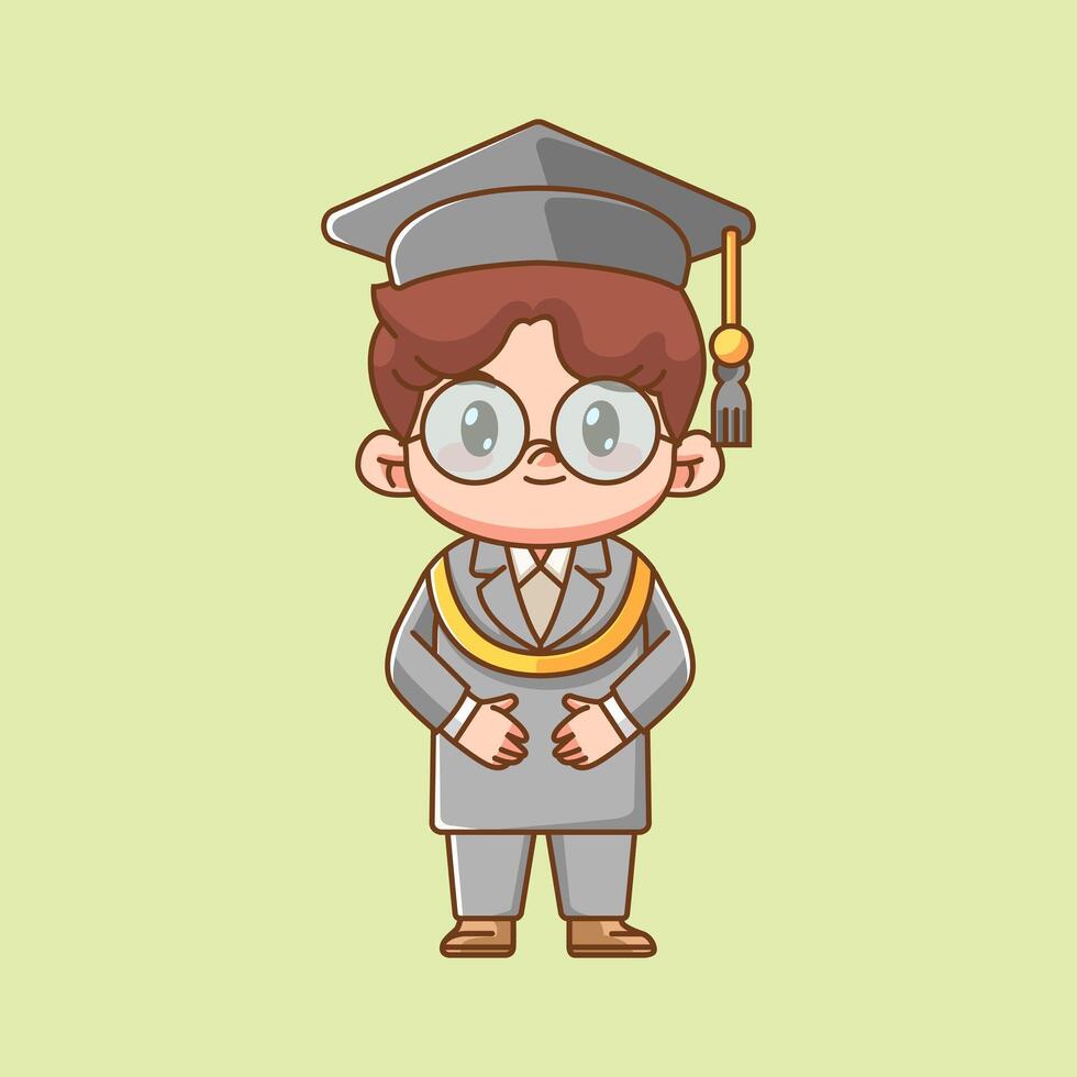 Cute happy graduation boy kawaii chibi character mascot illustration outline style design vector