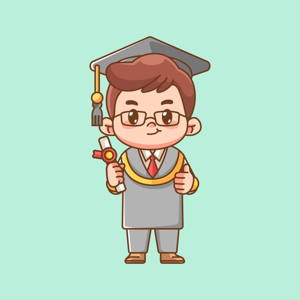 Cute graduation boy hold certificate roll kawaii chibi character mascot illustration outline style design vector
