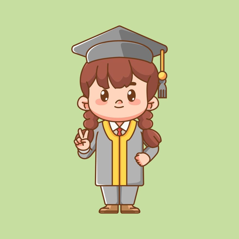 Cute graduation girl pointing up kawaii chibi character mascot illustration outline style design vector