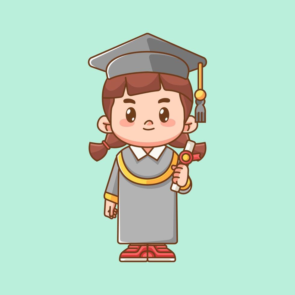 Cute graduation girl hold certificate kawaii chibi character mascot illustration outline style design vector