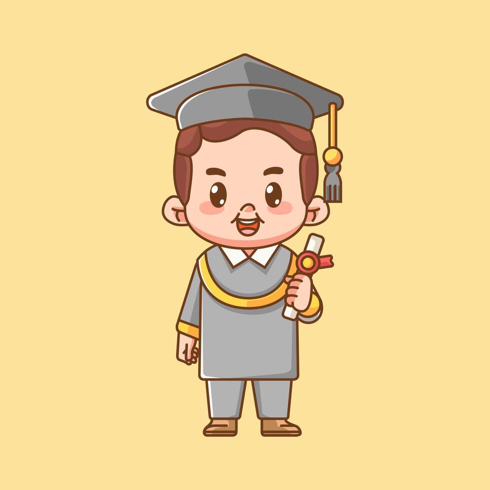 Cute graduation boy hold certificate kawaii chibi character mascot illustration outline style design vector