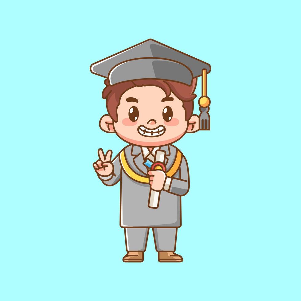 Cute graduation boy peace gesture kawaii chibi character mascot illustration outline style design vector