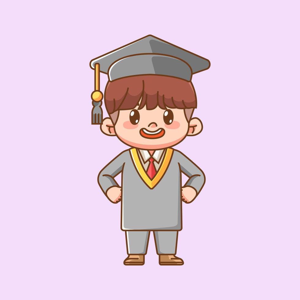 Cute graduation happy boy kawaii chibi character mascot illustration outline style design vector