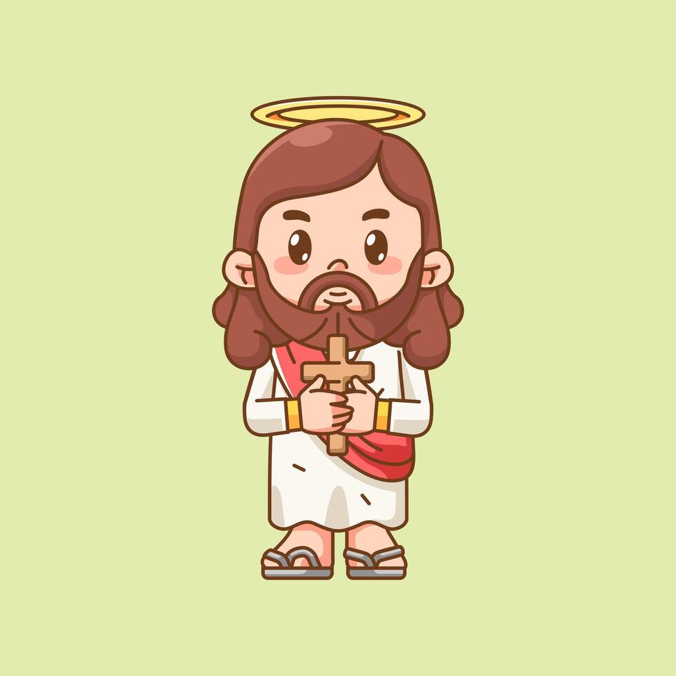 Cute jesus christ god hold cross kawaii chibi character mascot illustration outline style design vector