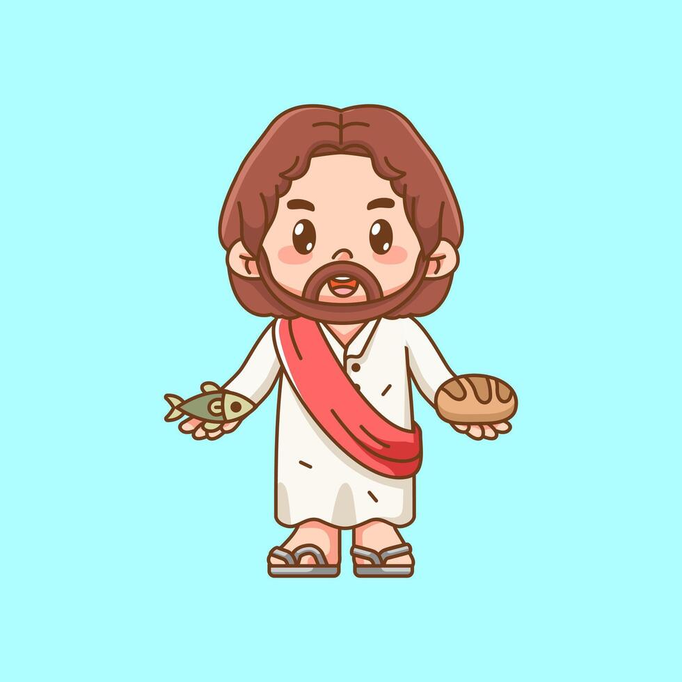 Cute jesus christ god hold bread and fish kawaii chibi character mascot illustration outline style design vector