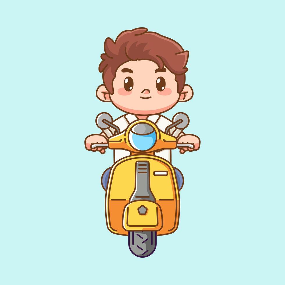 Cute boy riding scooter kawaii chibi character mascot illustration outline style design vector