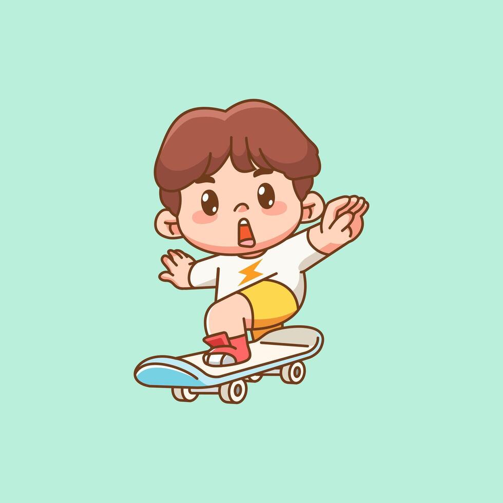 Cute boy Playing slide Skateboard kawaii chibi character mascot illustration outline style design vector