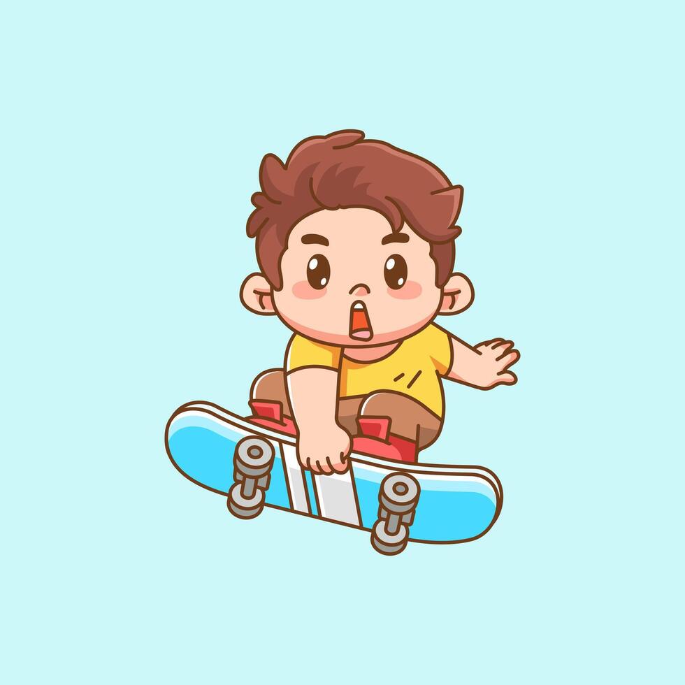Cute boy Playing trick Skateboard kawaii chibi character mascot illustration outline style design vector