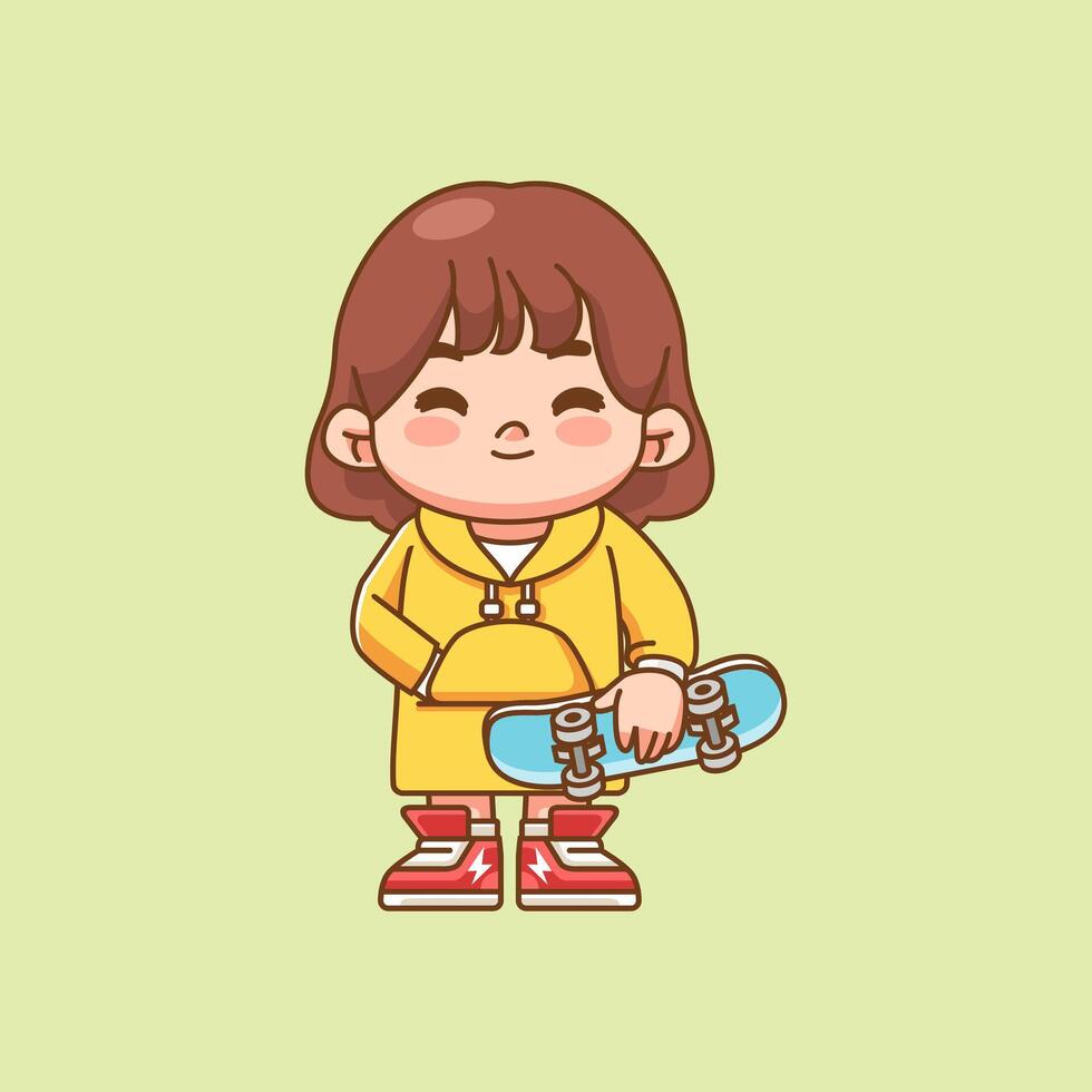 Cute girl Playing Skateboard pose kawaii chibi character mascot illustration outline style design vector