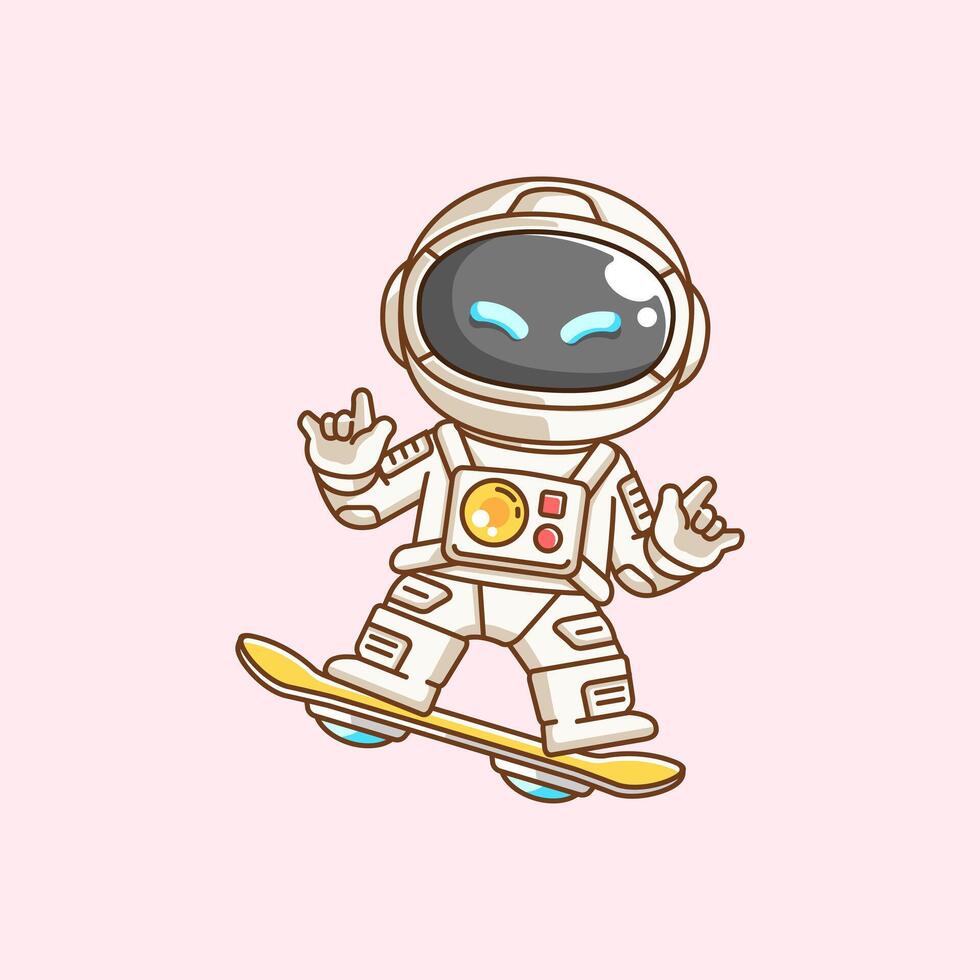 Cute astronaut Playing hoverboard Skateboard chibi kawaii character mascot illustration outline design vector