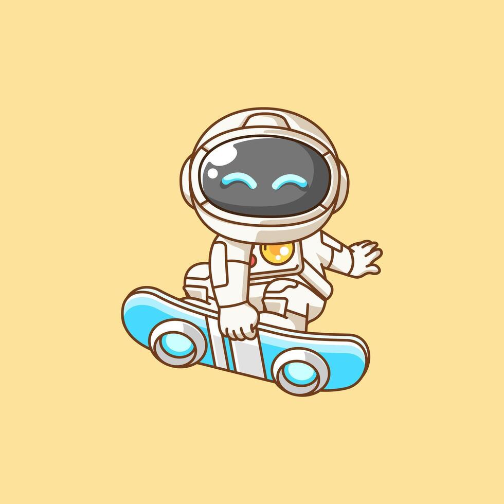 Cute astronaut Playing hoverboard Skateboard chibi kawaii character mascot illustration outline design vector