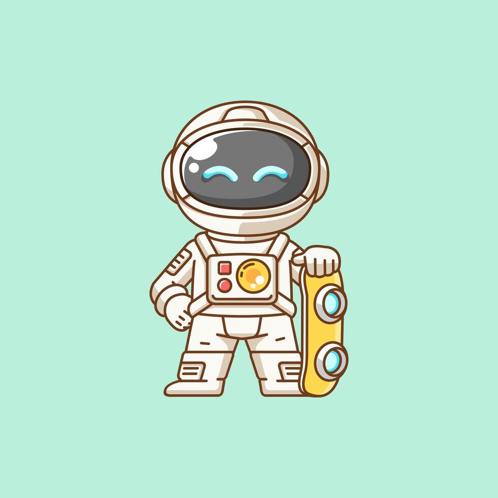 Cute astronaut Playing hoverboard Skateboard chibi kawaii character mascot illustration outline design vector
