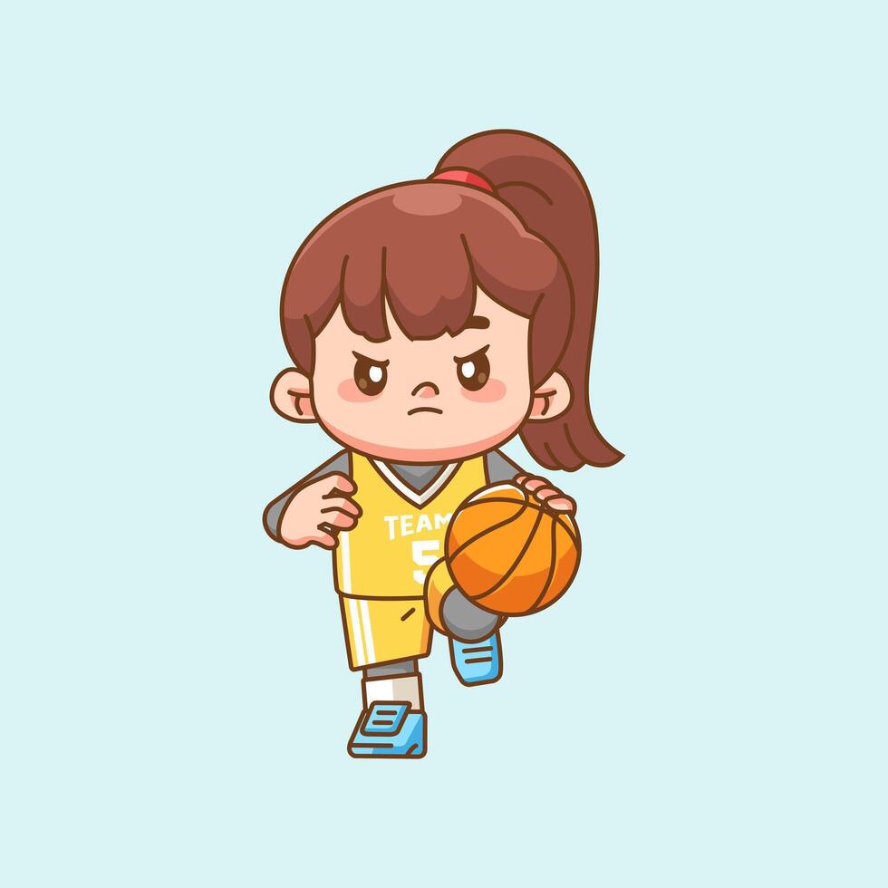Cute girl basketball player play basket character chibi kawaii mascot illustration outline style design vector