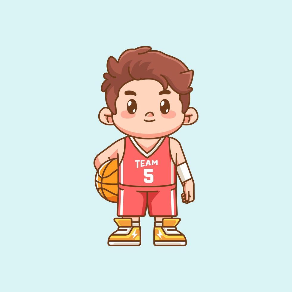 Cute boy basketball player play basket character chibi kawaii mascot illustration outline style design vector