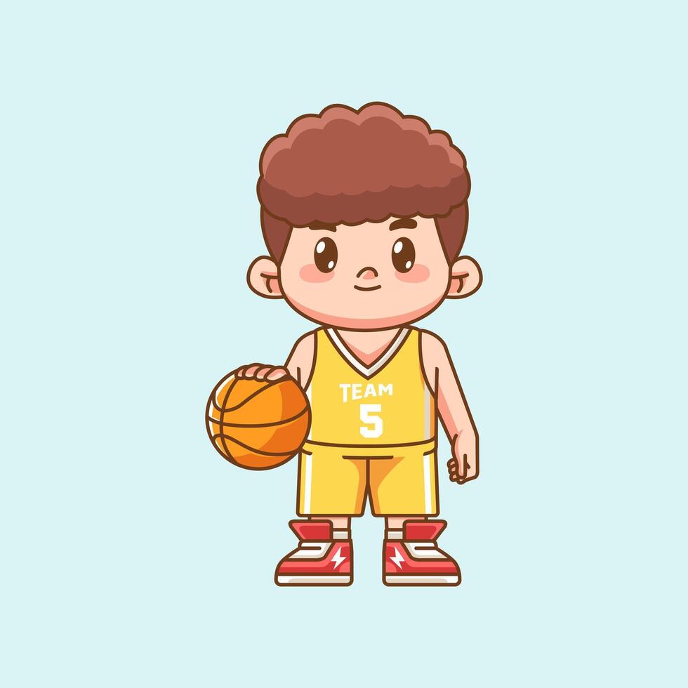Cute boy basketball player play basket character chibi kawaii mascot illustration outline style design vector