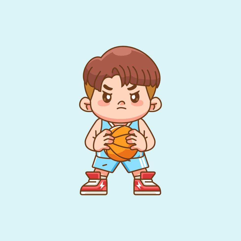 Cute boy basketball player play basket character chibi kawaii mascot illustration outline style design vector
