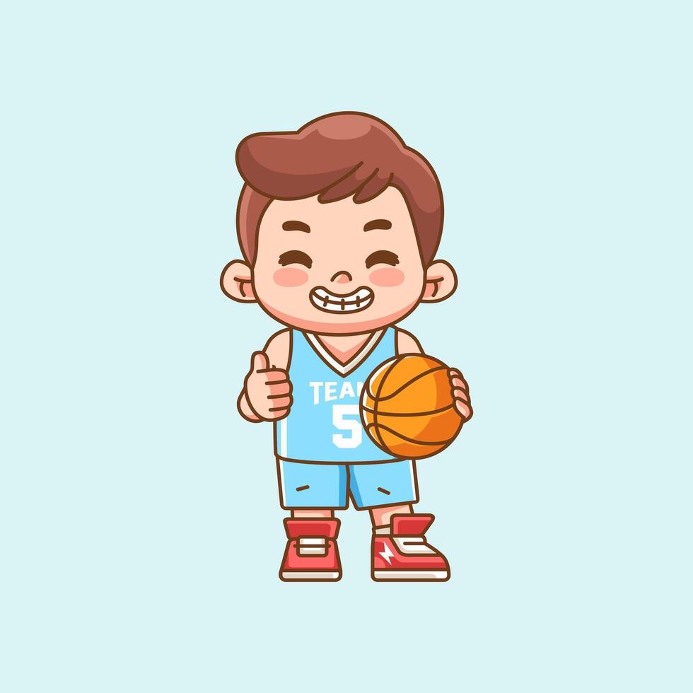 Cute boy basketball player play basket character chibi kawaii mascot illustration outline style design vector