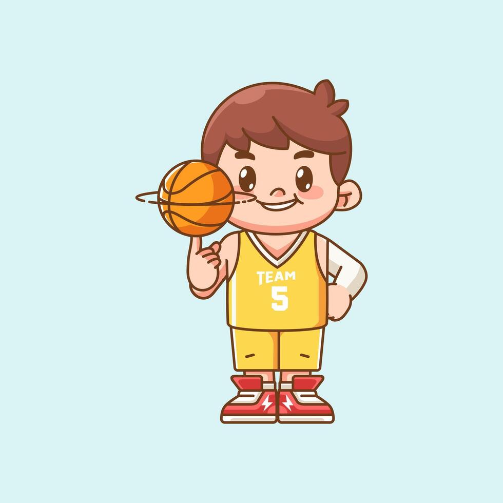 Cute boy basketball player play basket character chibi kawaii mascot illustration outline style design vector
