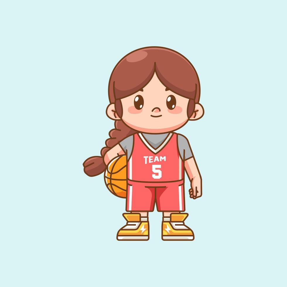 Cute girl basketball player play basket character chibi kawaii mascot illustration outline style design vector