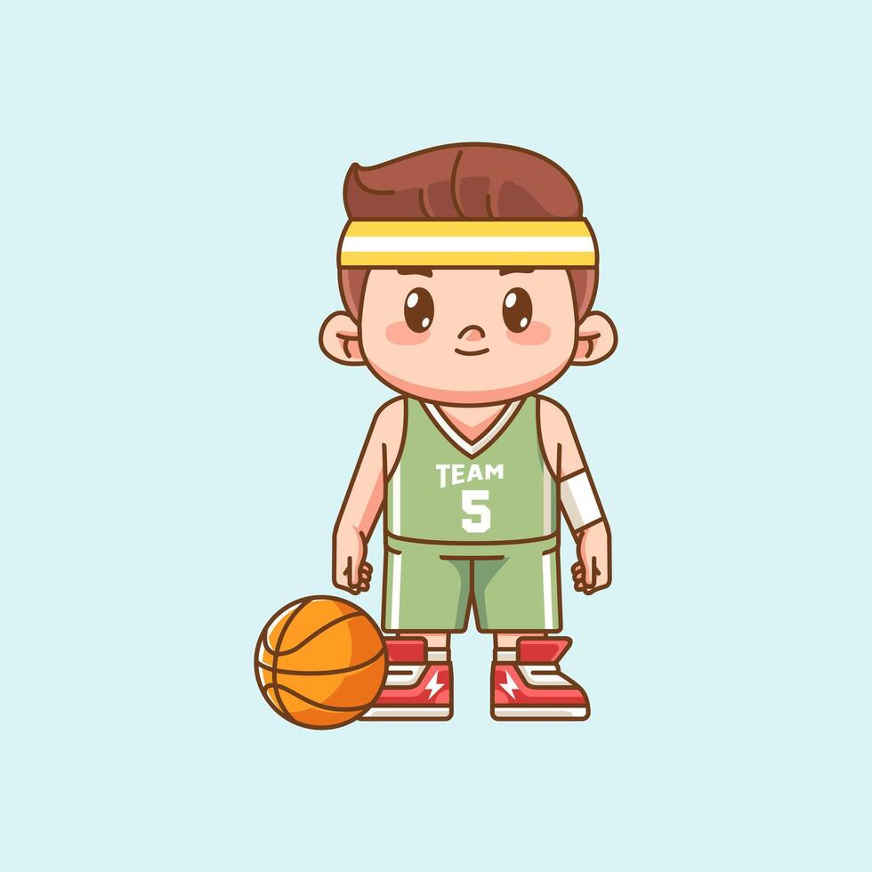 Cute boy basketball player play basket character chibi kawaii mascot illustration outline style design vector