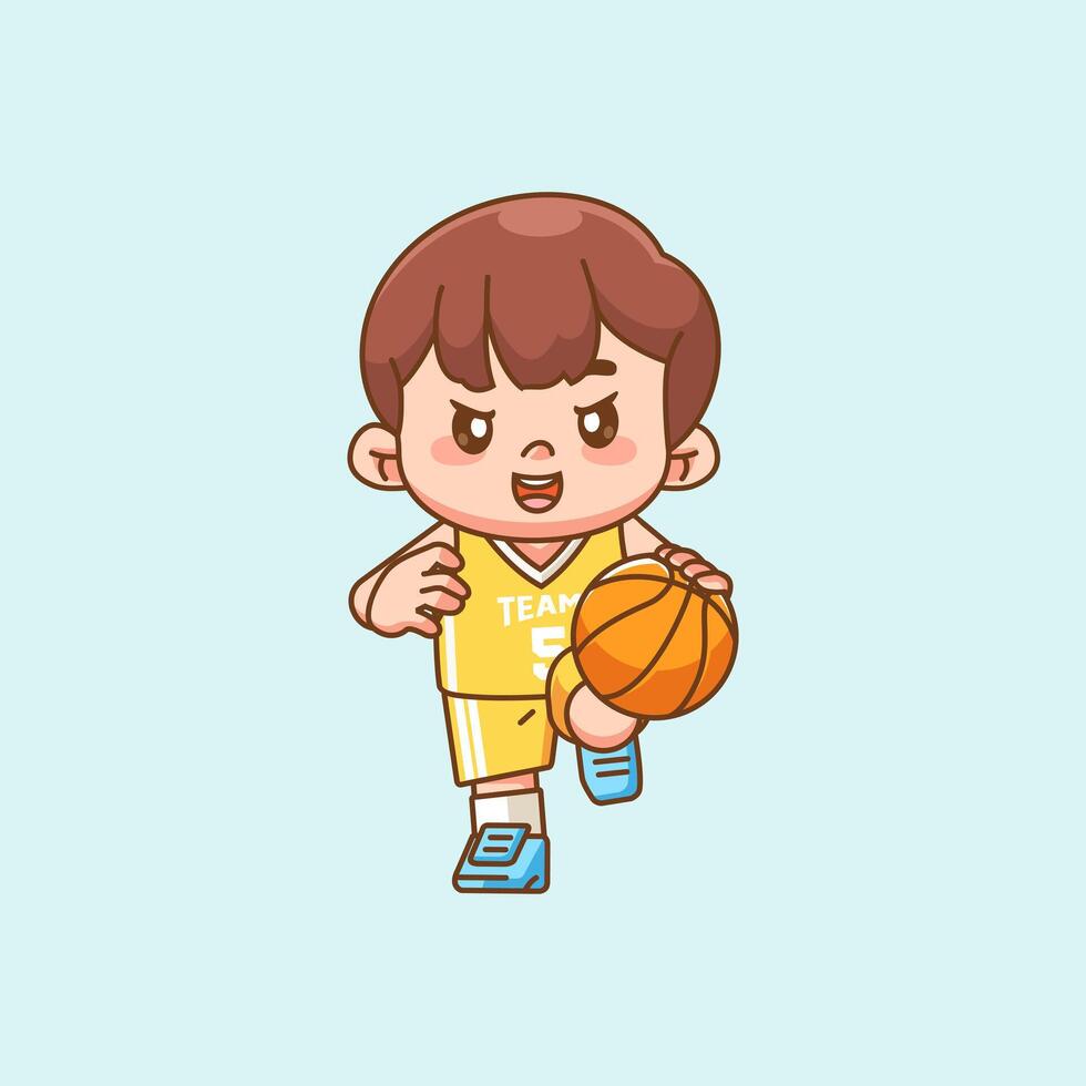 Cute boy basketball player play basket character chibi kawaii mascot illustration outline style design vector
