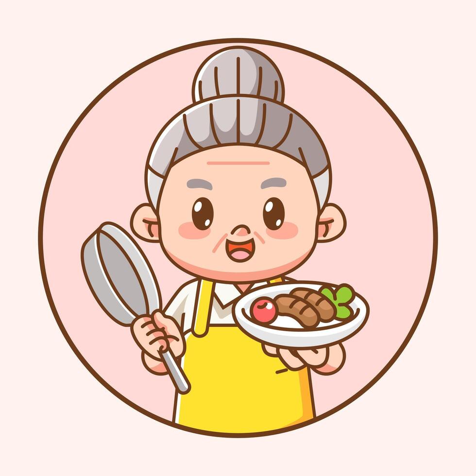 Cute grandma chef cook chibi kawaii character mascot design restaurant cafe shop logo outline style vector