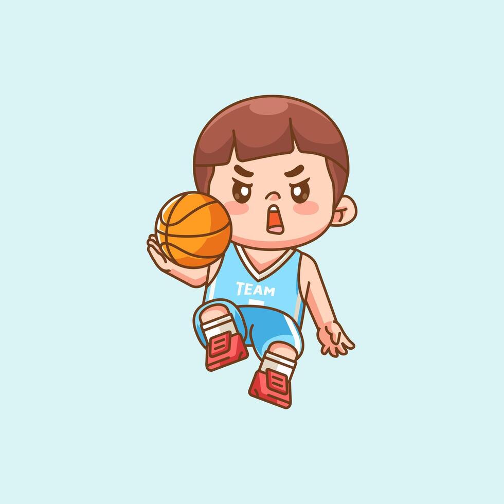 Cute boy basketball player play basket character chibi kawaii mascot illustration outline style design vector