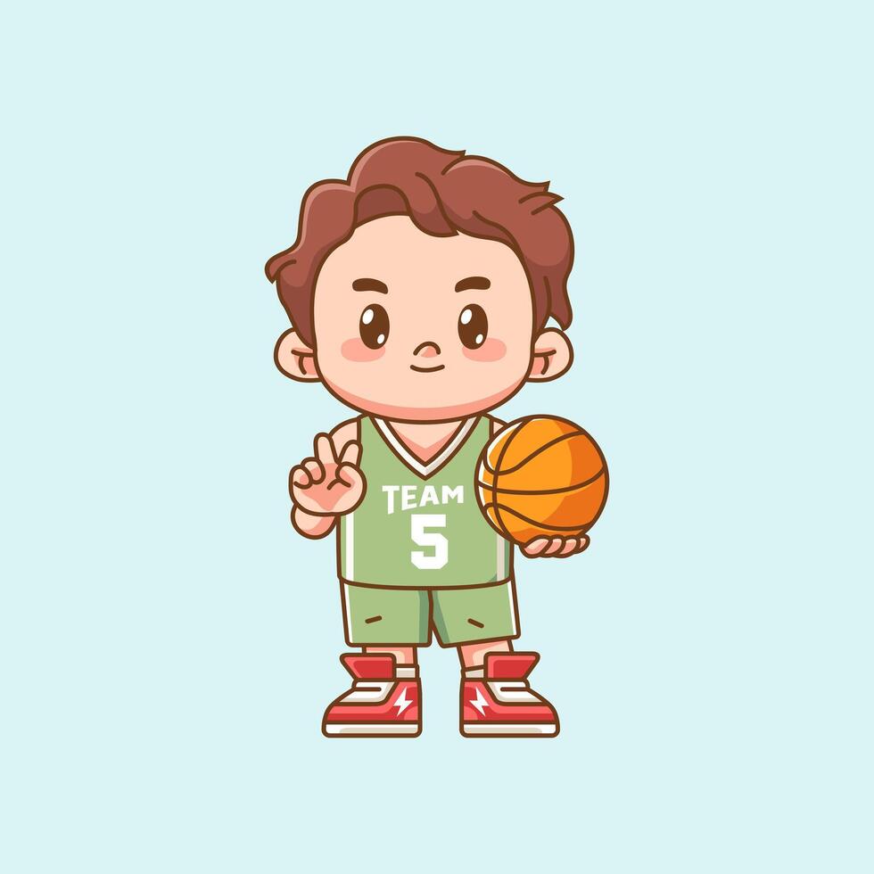 Cute boy basketball player play basket character chibi kawaii mascot illustration outline style design vector