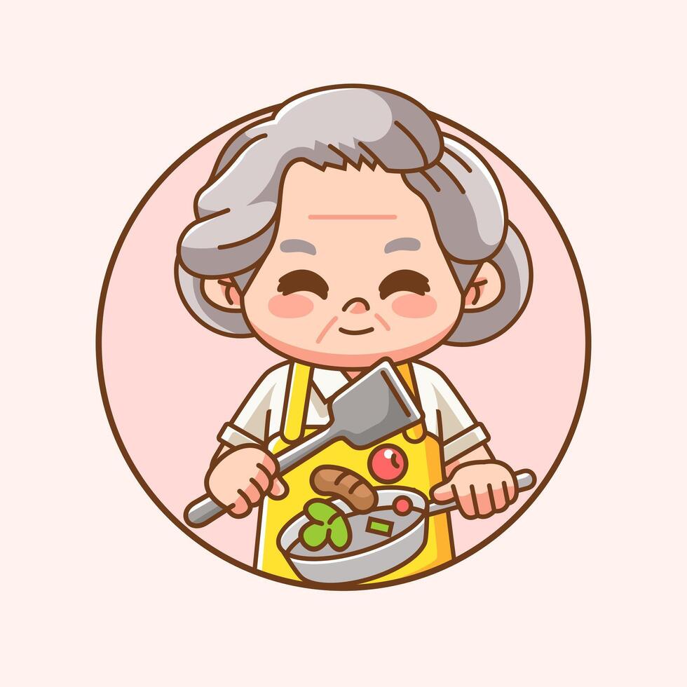 Cute grandma chef cook chibi kawaii character mascot design restaurant cafe shop logo outline style vector