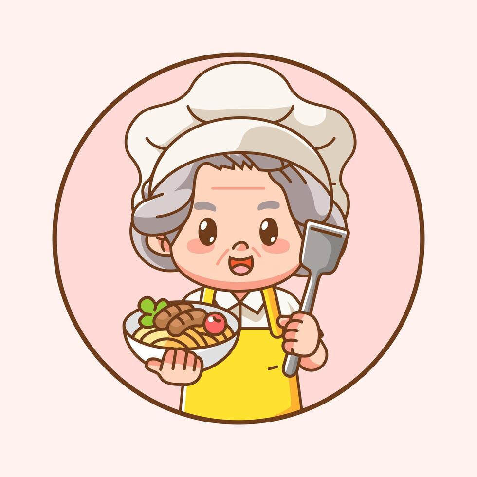 Cute grandma chef cook chibi kawaii character mascot design restaurant cafe shop logo outline style vector
