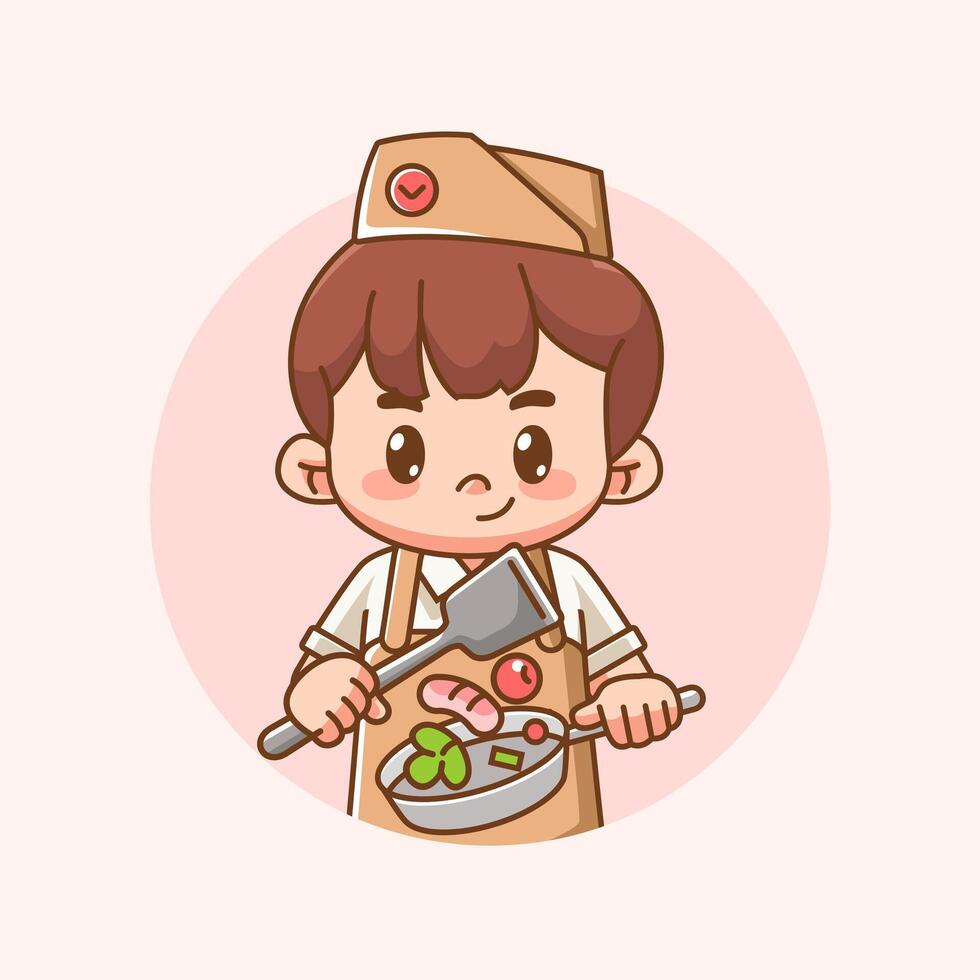Cute man chef cook chibi kawaii character mascot design restaurant cafe shop logo outline style vector