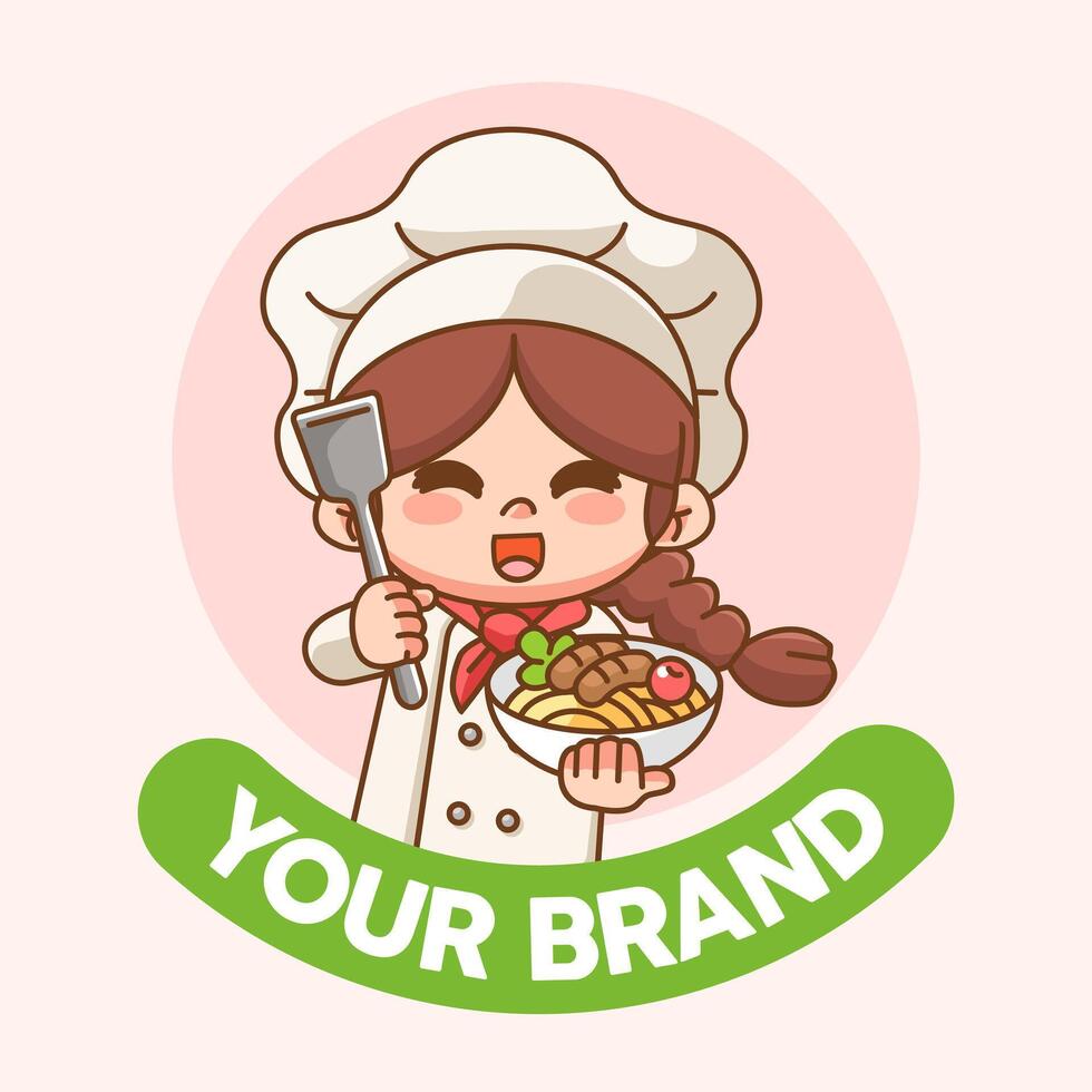 Cute girl chef cook chibi kawaii character mascot design restaurant cafe shop logo outline style vector