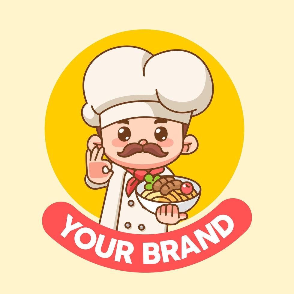 Cute man chef cook chibi kawaii character mascot design restaurant cafe shop logo outline style vector