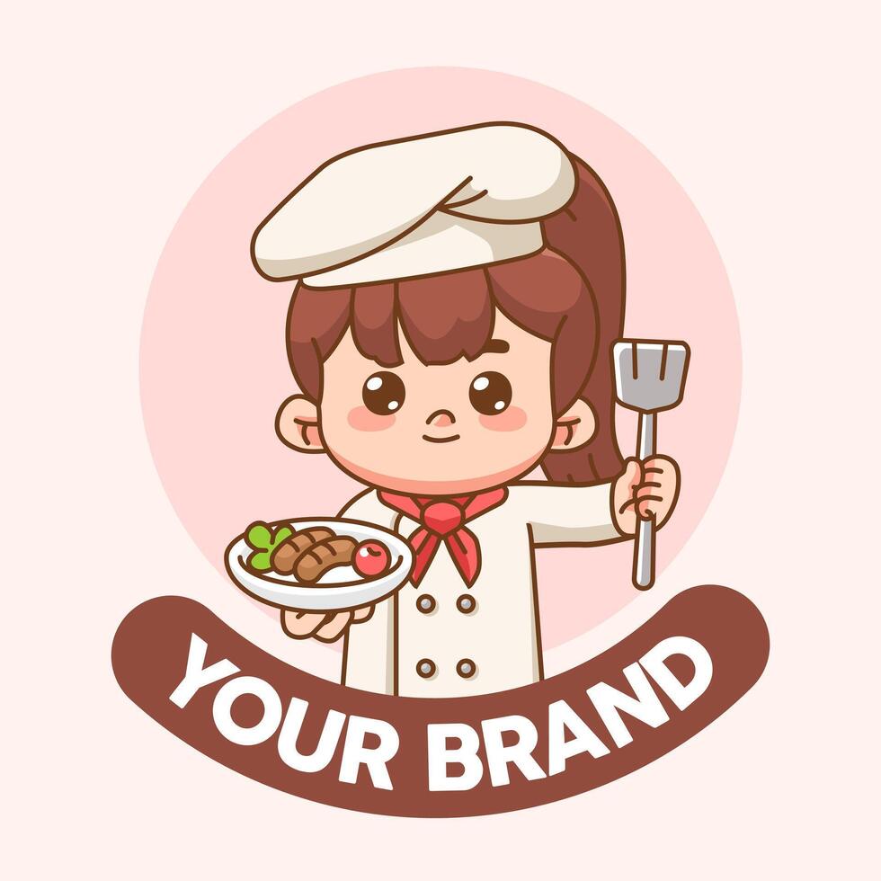 Cute girl chef cook chibi kawaii character mascot design restaurant cafe shop logo outline style vector
