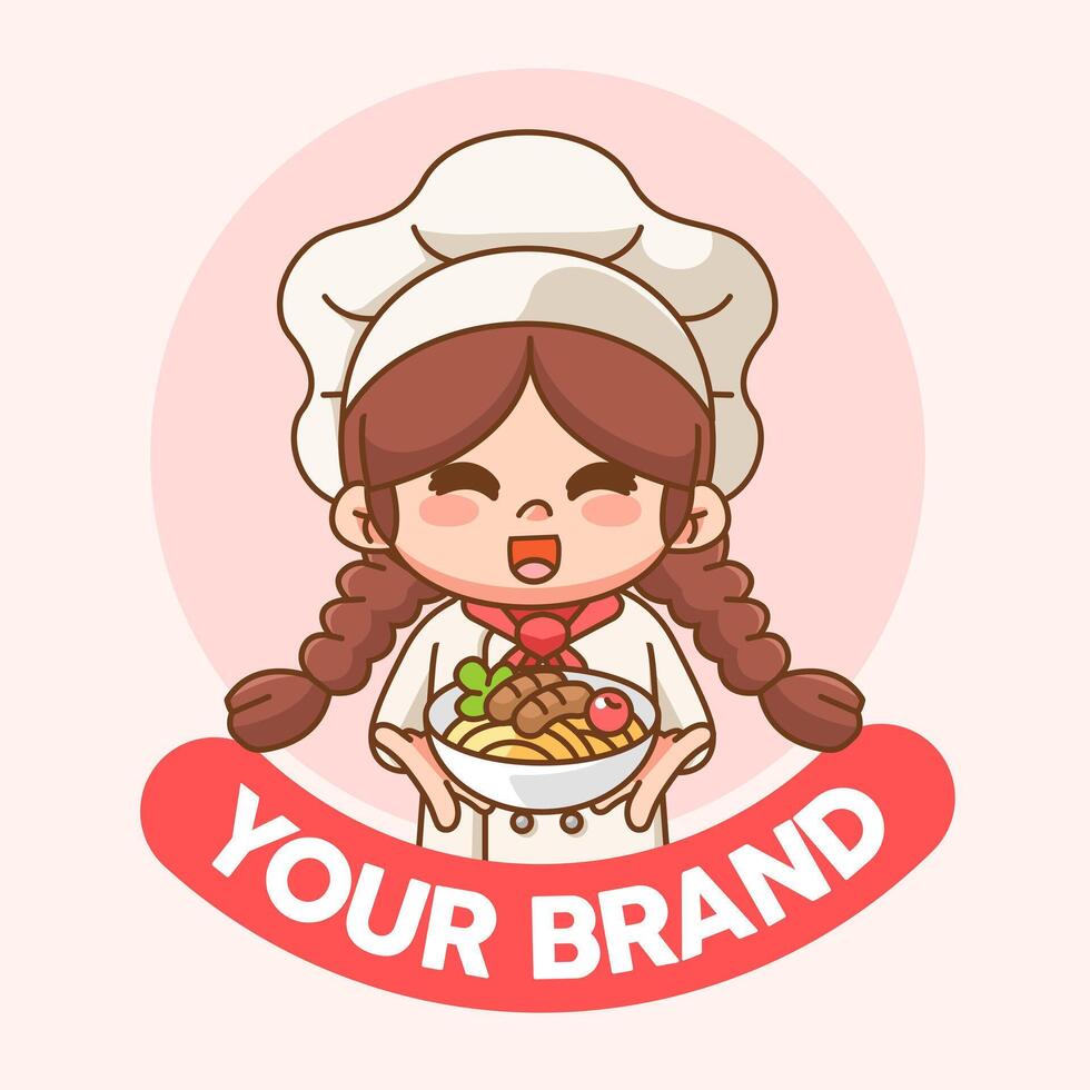 Cute girl chef cook chibi kawaii character mascot design restaurant cafe shop logo outline style vector