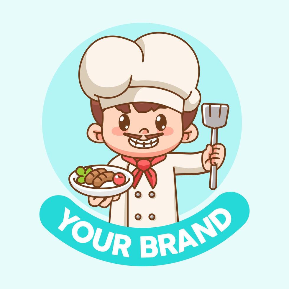 Cute man chef cook chibi kawaii character mascot design restaurant cafe shop logo outline style vector